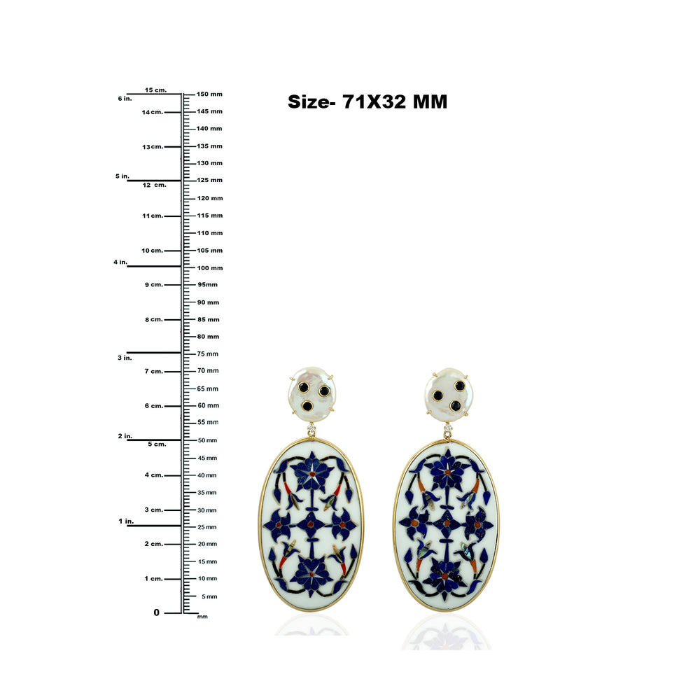 Blue Sapphire Floral Bakelite Enamel & Pearl Drop Earrings in 18K Yellow Gold