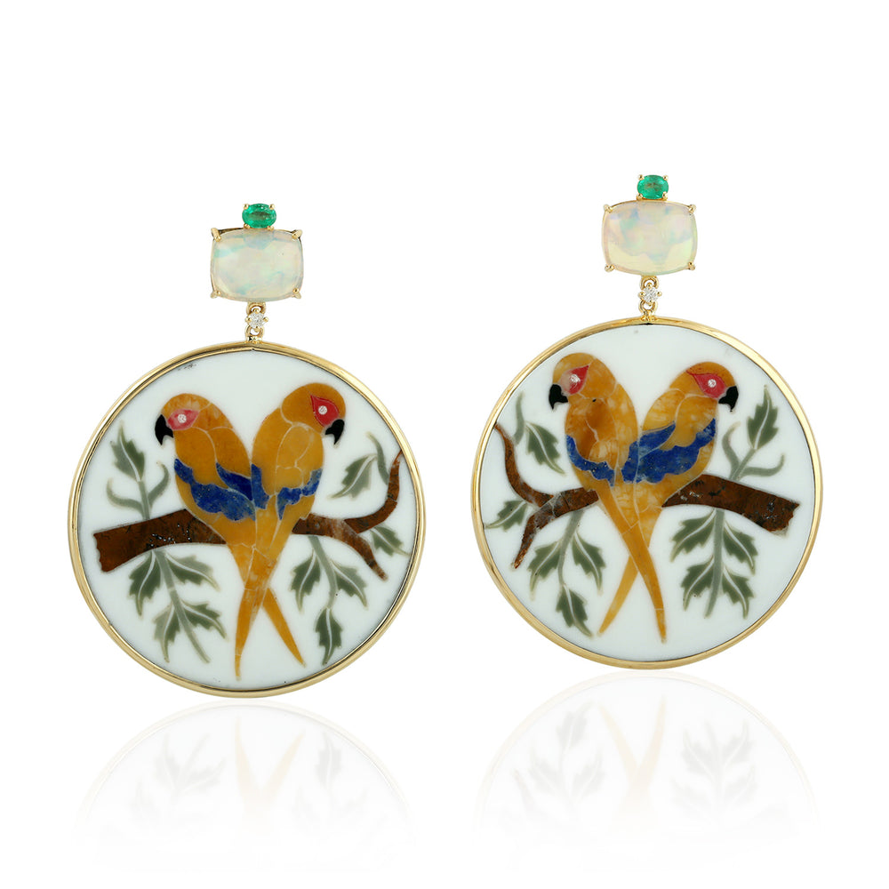 Opal, Emerald & Parrot Bakelite Prong Diamond Dangle Earrings in 18K Yellow Gold