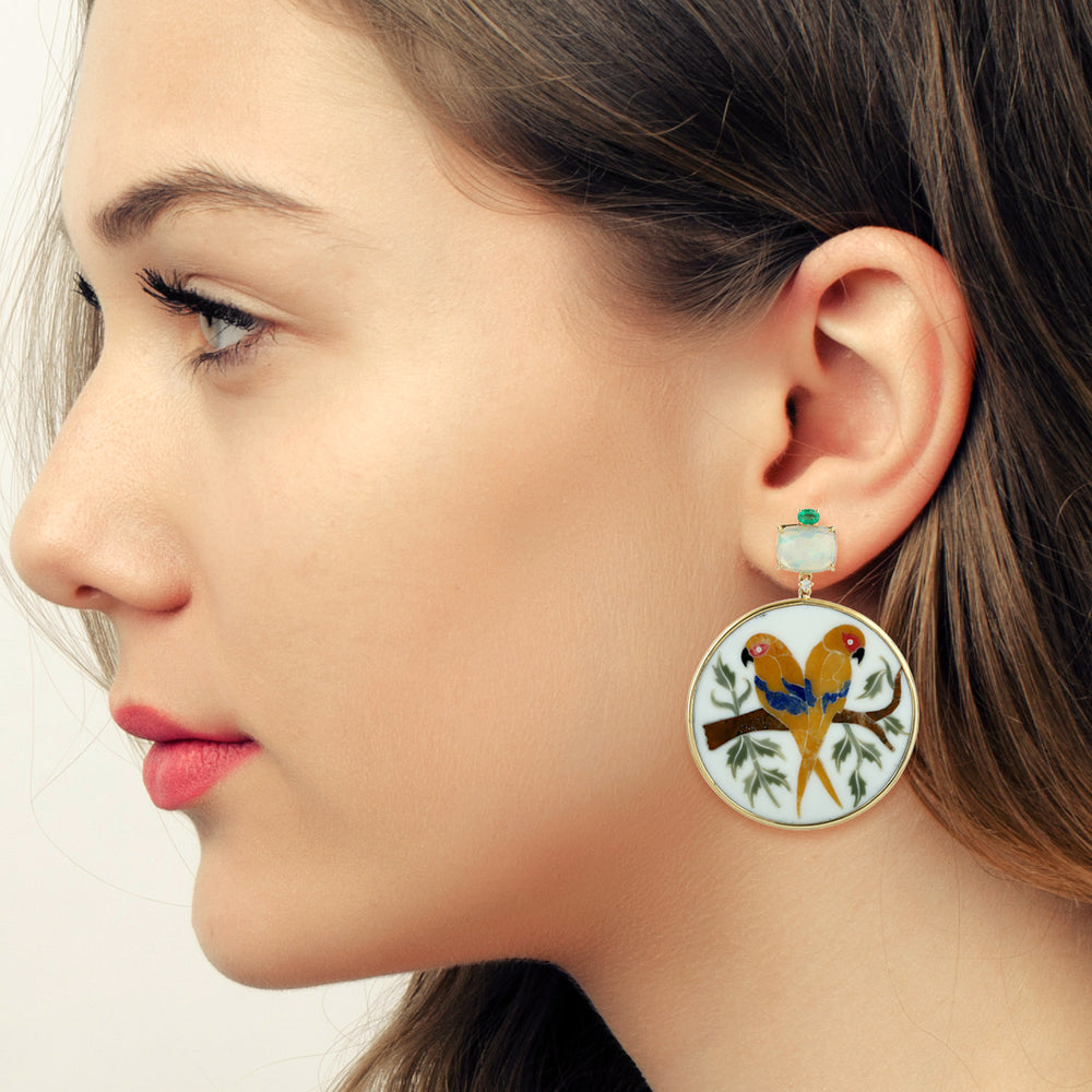 Opal, Emerald & Parrot Bakelite Prong Diamond Dangle Earrings in 18K Yellow Gold