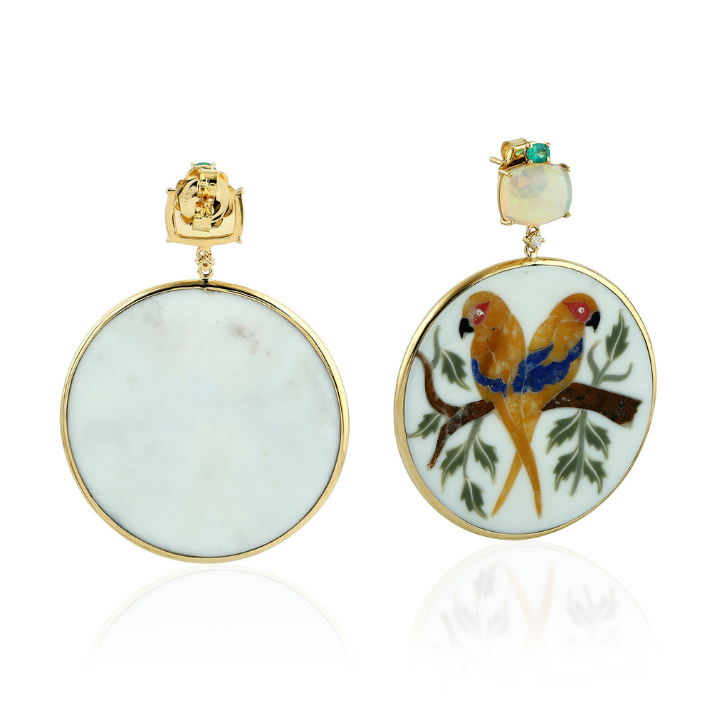 Opal, Emerald & Parrot Bakelite Prong Diamond Dangle Earrings in 18K Yellow Gold