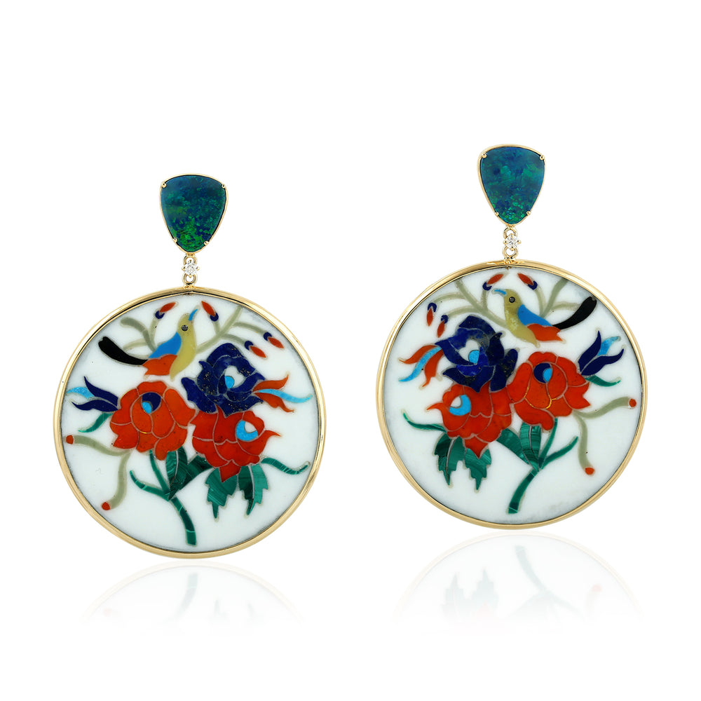 Artisan Floral Bakelite & Opal Drop Prong Diamond Earrings in 18K Yellow Gold