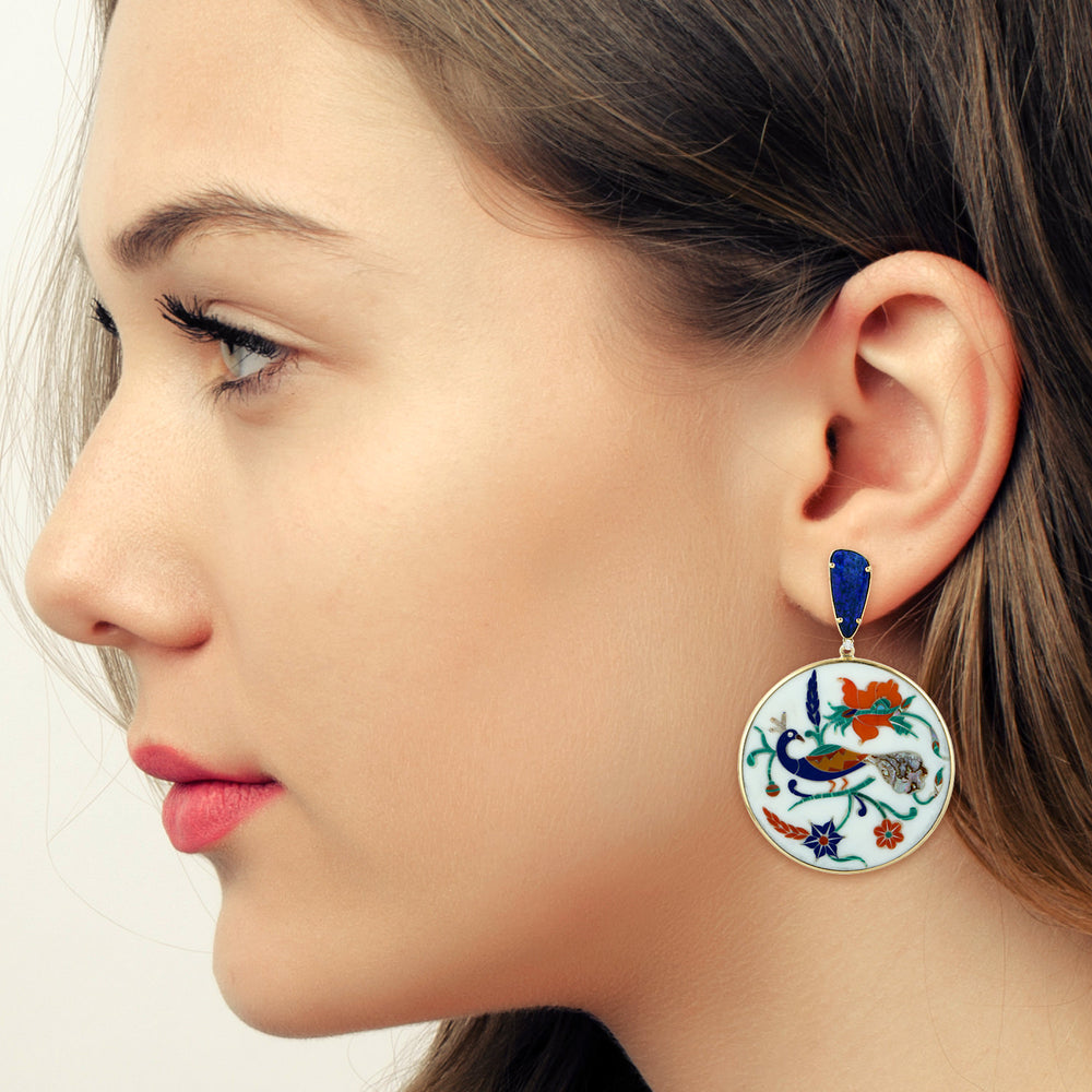 Peacock Bakelite Drop Earrings with Opal Prong Diamond in 18K Yellow Gold