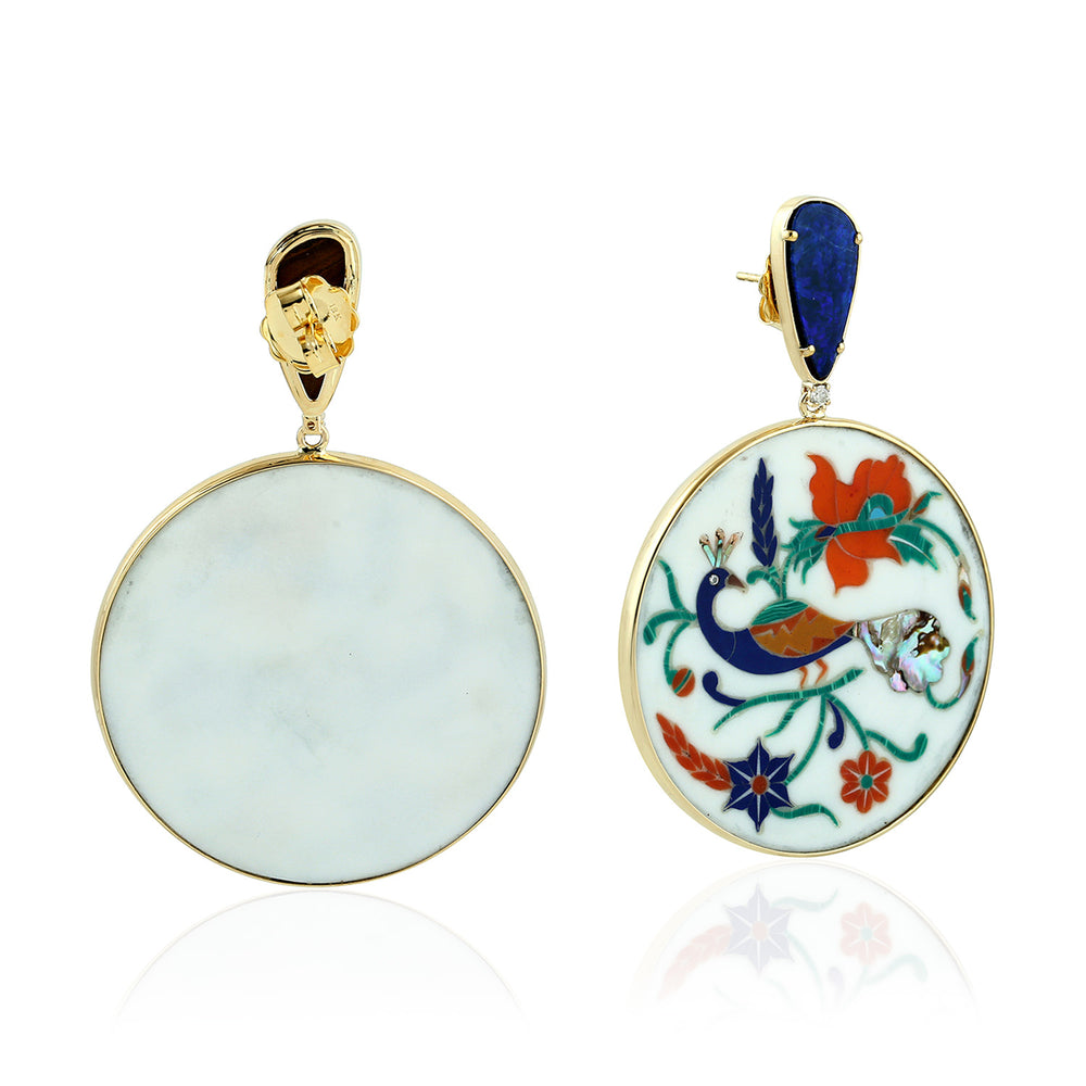 Peacock Bakelite Drop Earrings with Opal Prong Diamond in 18K Yellow Gold