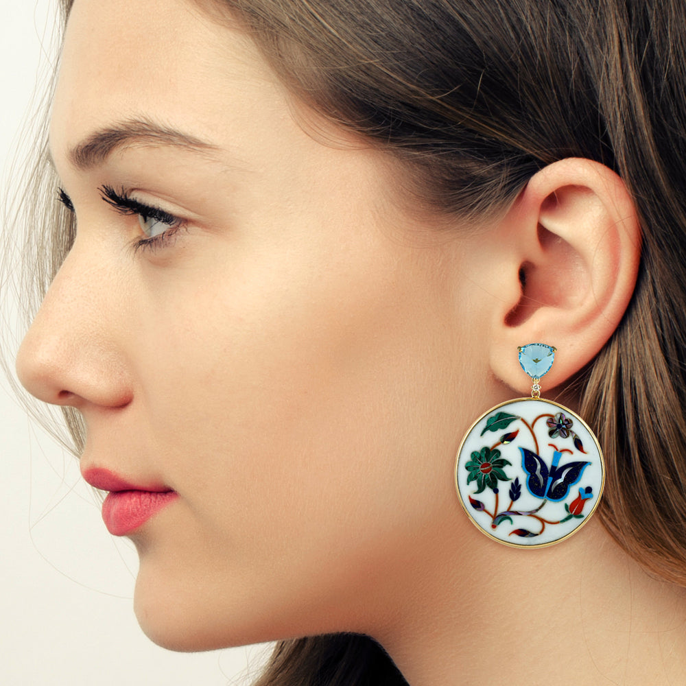 Blue Topaz & Multicolor Floral Bakelite Round Drop Earrings in 18K Yellow Gold