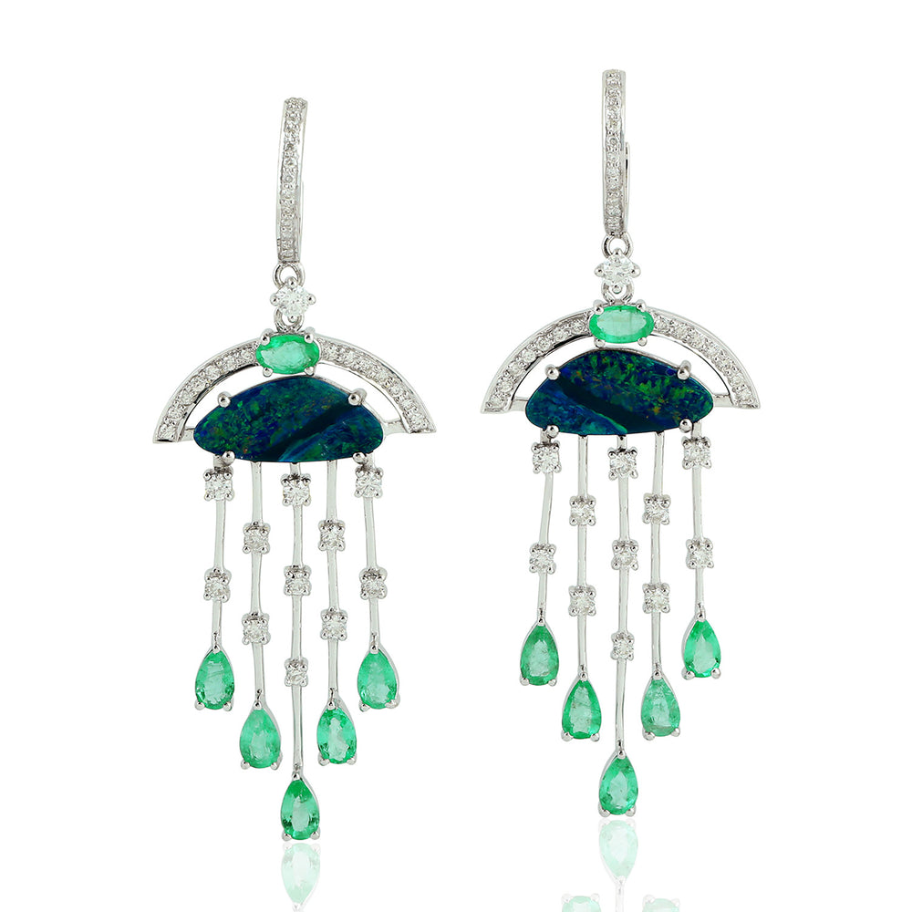 Australian Opal & Emerald Art Deco Diamond Chandelier Earrings in 18K White Gold