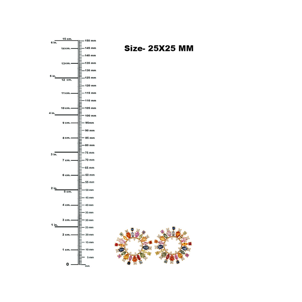 Multi Sapphire Gemstone Diamond Sunburst Stud Earrings In 18k Yellow Gold