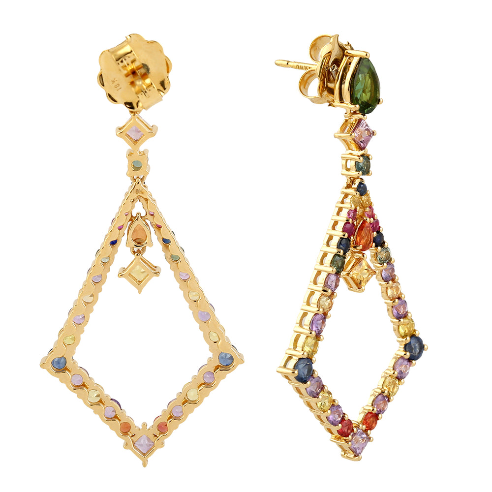 Green Tourmaline & Rainbow Sapphire Gemstone Dangler Earrings in 18K Yellow Gold – Colorful Fine Jewelry
