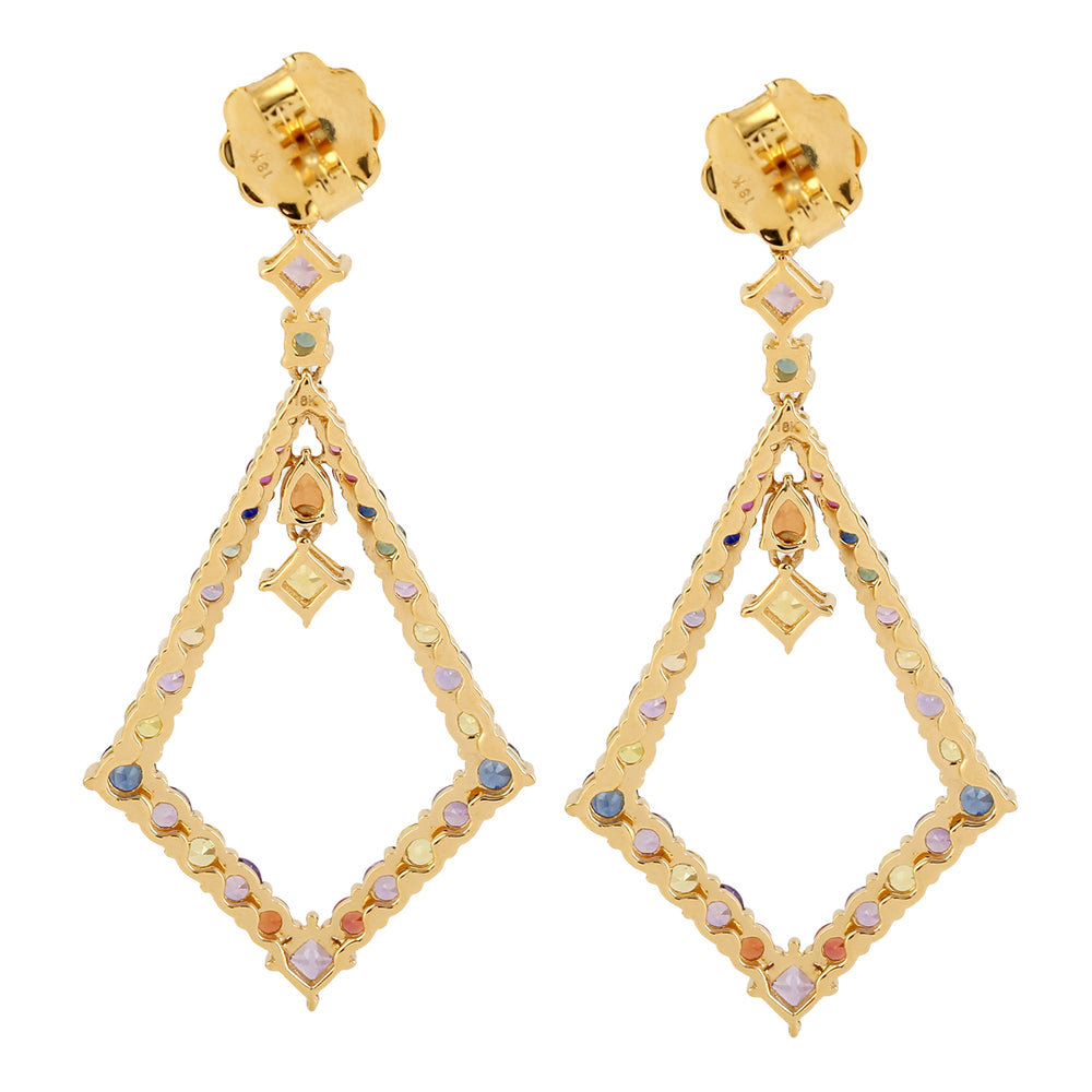 Green Tourmaline & Rainbow Sapphire Gemstone Dangler Earrings in 18K Yellow Gold – Colorful Fine Jewelry