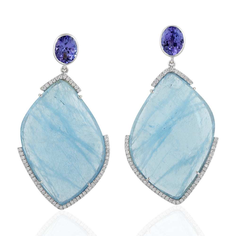 Tanzanite & Carved Aquamarine Diamond Halo Drop Earrings in 18K White Gold