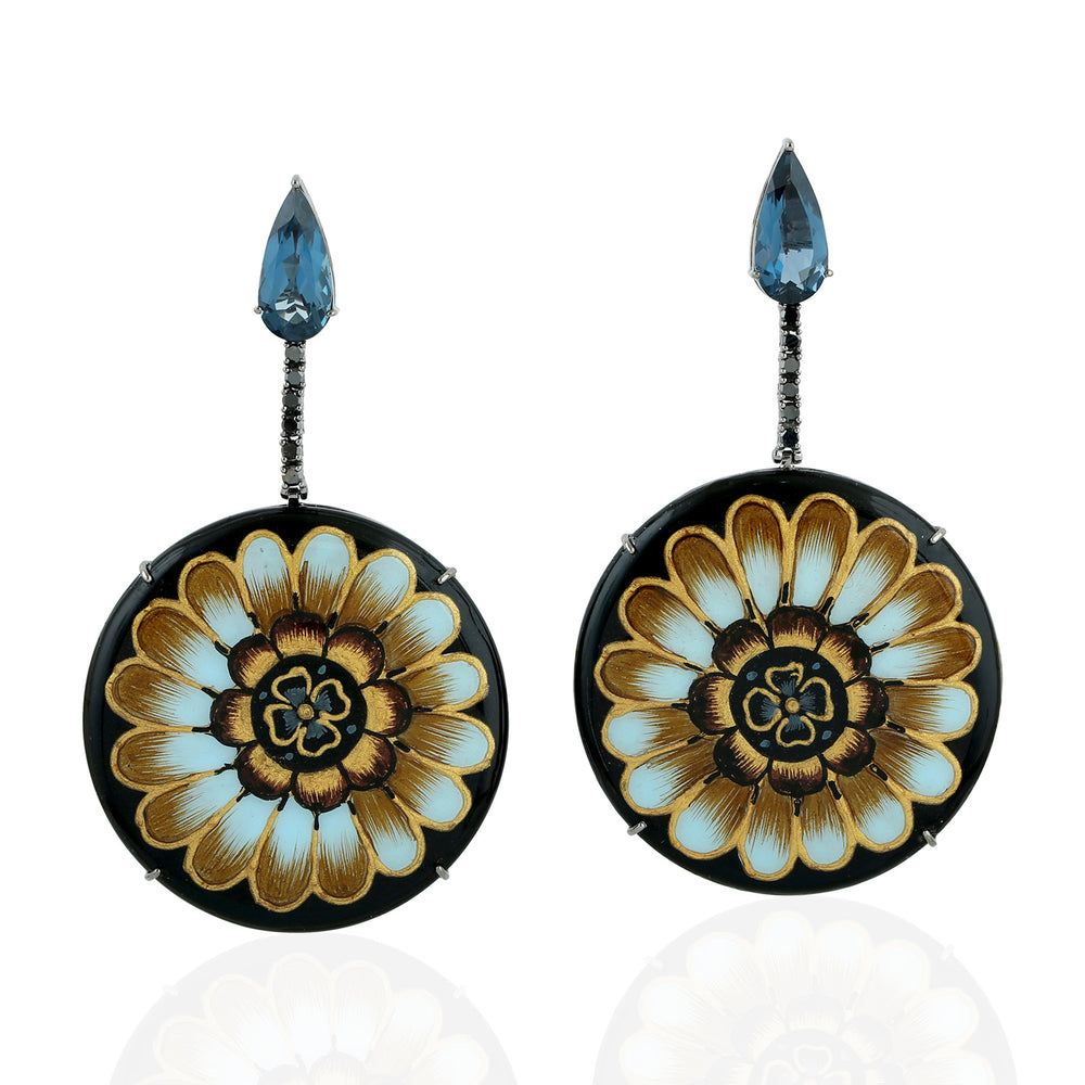 Topaz & Onyx Black Diamond Floral Enamel Drop Earrings in 18K White Gold