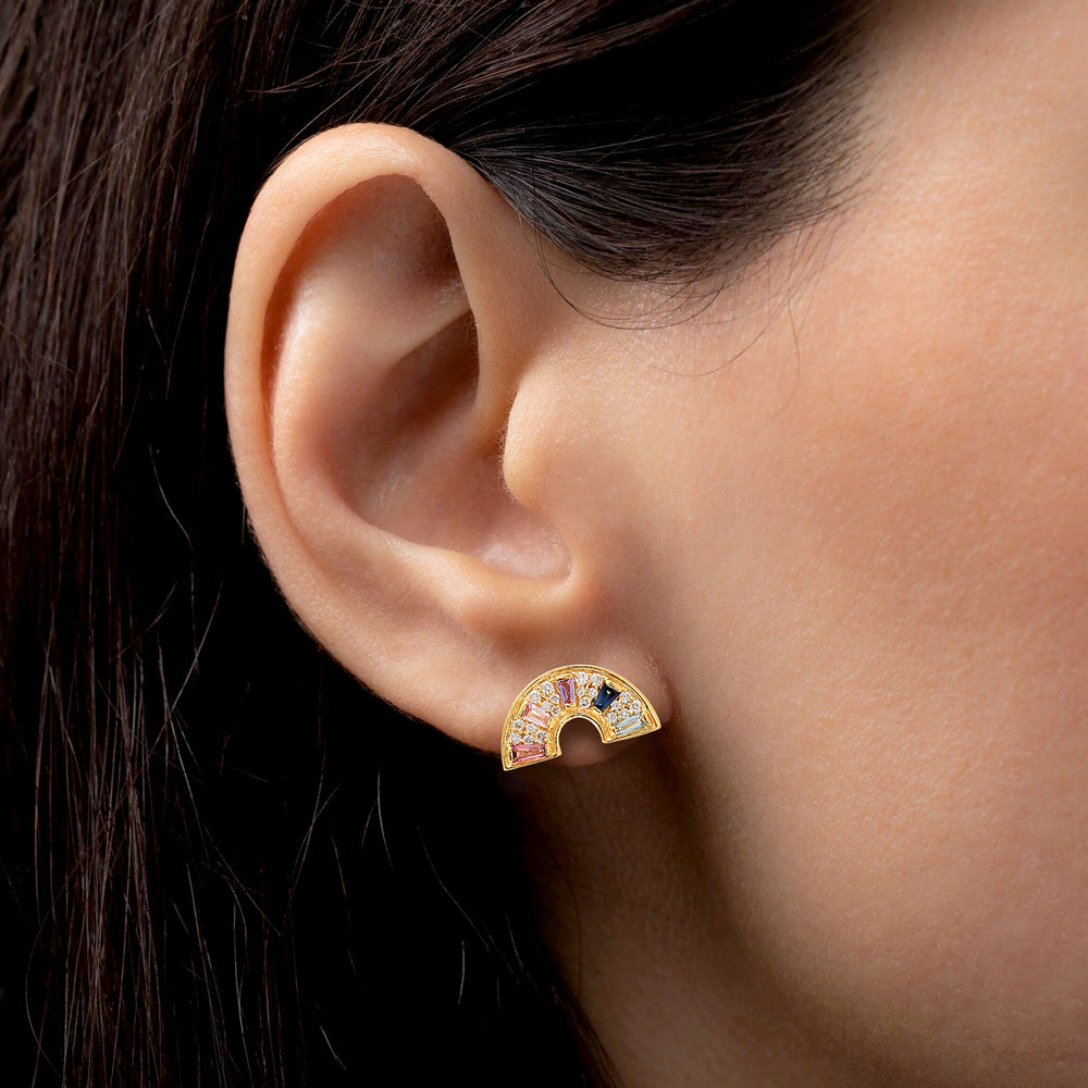 Baguette Sapphire Topaz Rhodolite Pave Diamond Moon Stud Earrings In Gold.