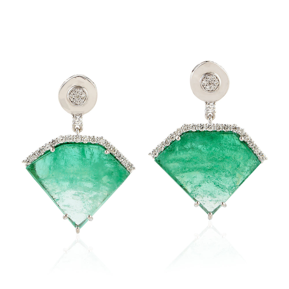 Emerald Slice & Diamond Halo Art Deco Drop Earrings in 18K White Gold