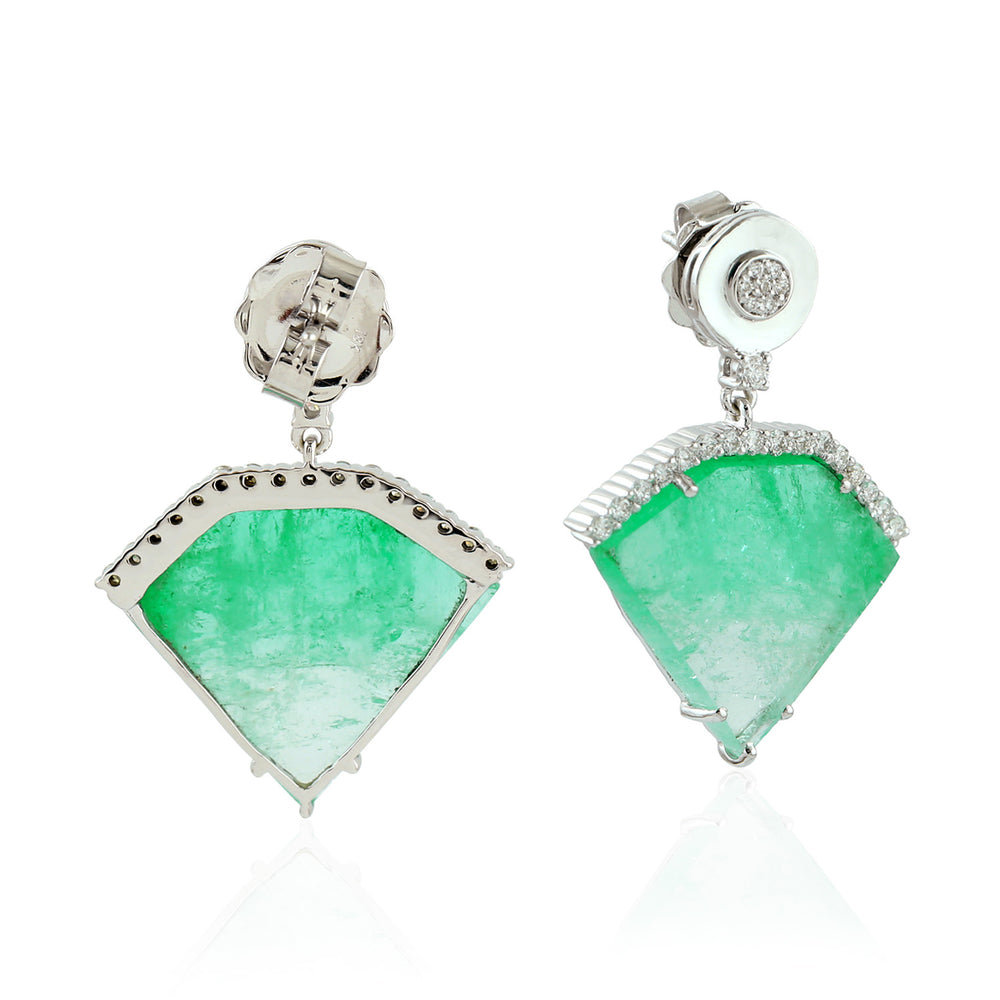 Emerald Slice & Diamond Halo Art Deco Drop Earrings in 18K White Gold
