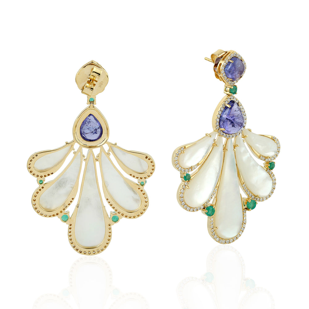 Pear MOP Oval Tanzanite Emerald Gemstone Pave Diamond Danglers In Yellow Gold