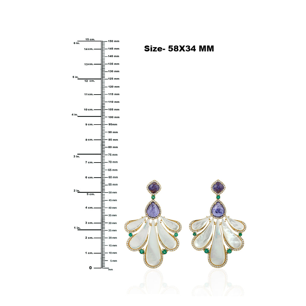 Pear MOP Oval Tanzanite Emerald Gemstone Pave Diamond Danglers In Yellow Gold