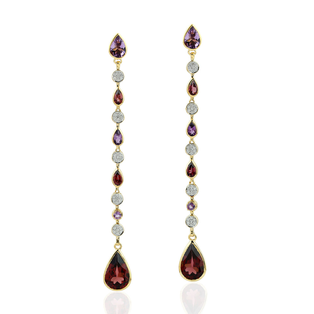 Pear Cut Rhodolite Bezel Amethyst Pave Diamond Long Dangler In Yellow Gold