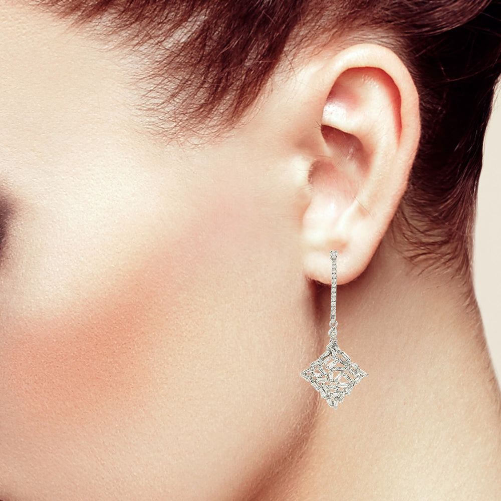 Tapered Baguette Diamond Dangle Earrings In 18k White Gold For Her