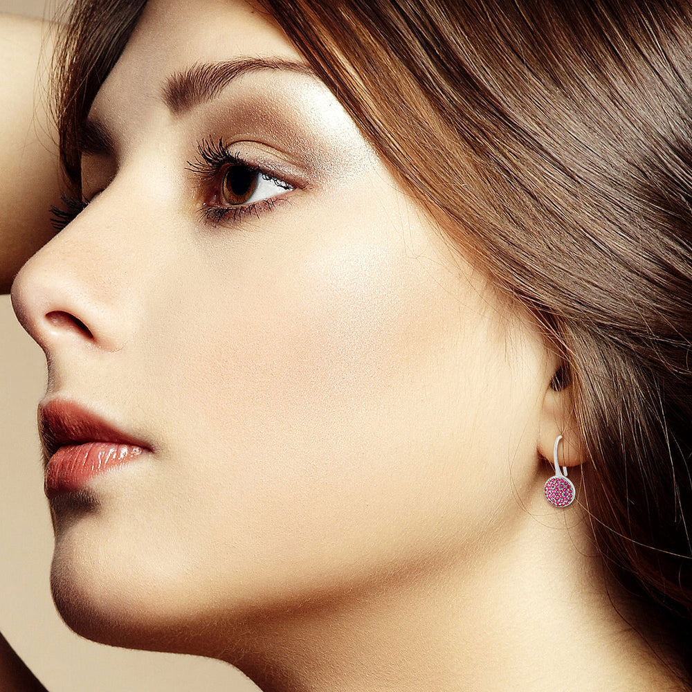 18K White Gold Pave Ruby Gemstone Minimal Ear Hook Earrings