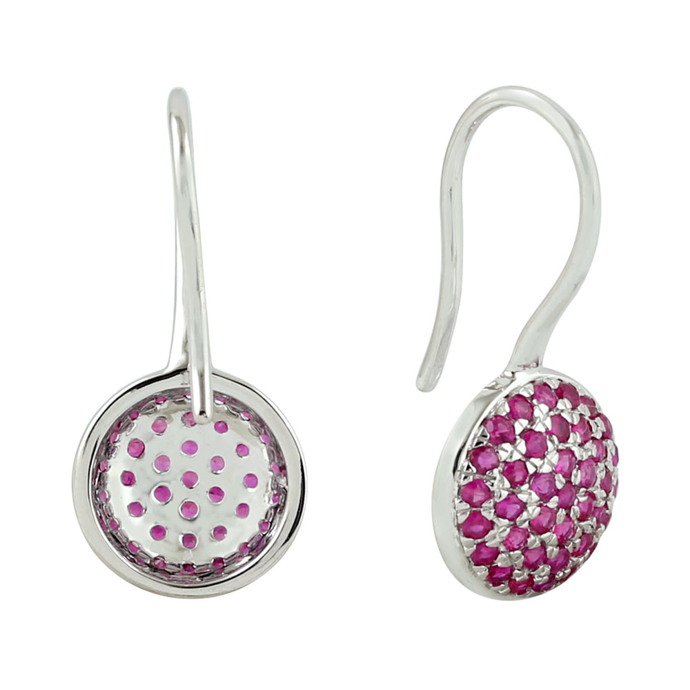 18K White Gold Pave Ruby Gemstone Minimal Ear Hook Earrings