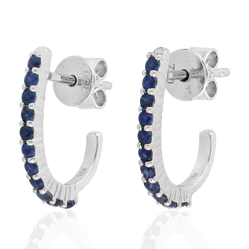 Natural Blue Sapphire 18k White Gold J Hoop Earrings