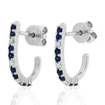 Natural Blue Sapphire Diamond 18k White Gold J Hoop Earrings For Gift