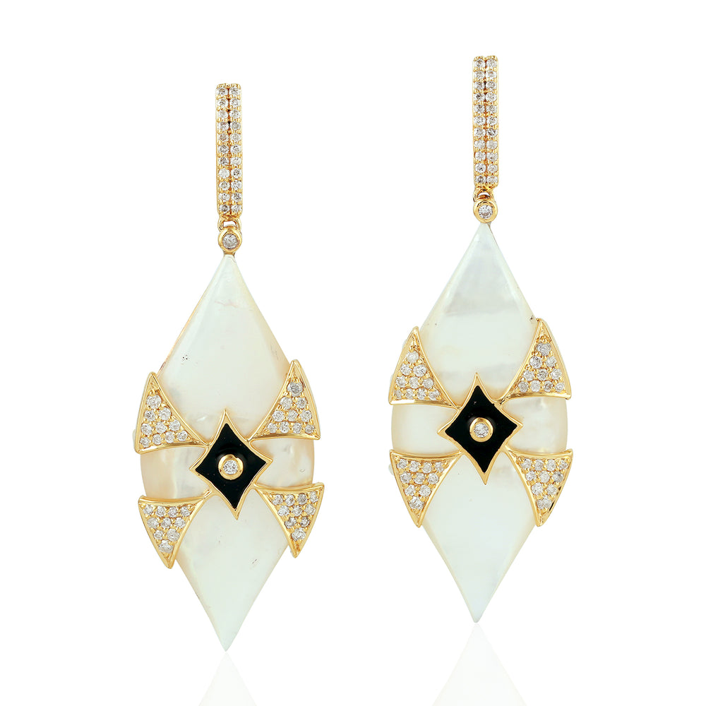 Natural Pave Diamond MOP Marquise Danglers In 18k Yellow Gold