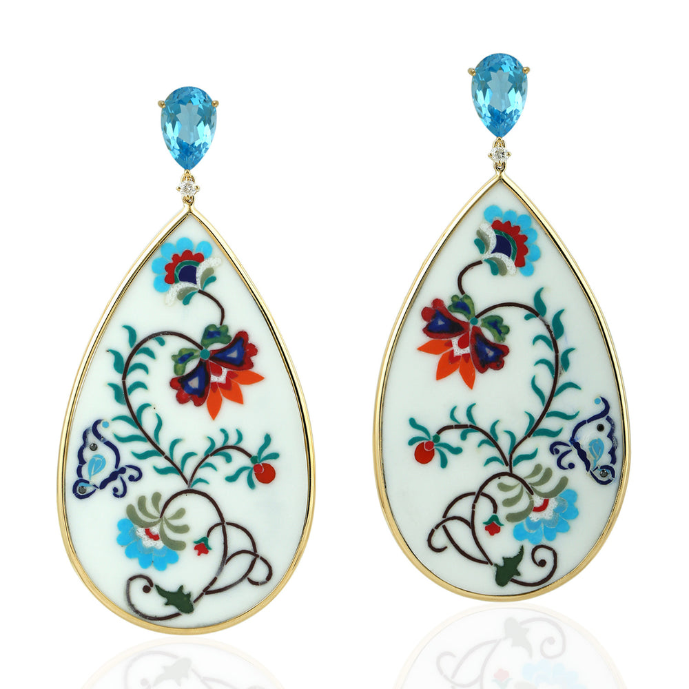 Blue Topaz & Diamond Bakelite Floral Teardrop Earrings in 18K Yellow Gold