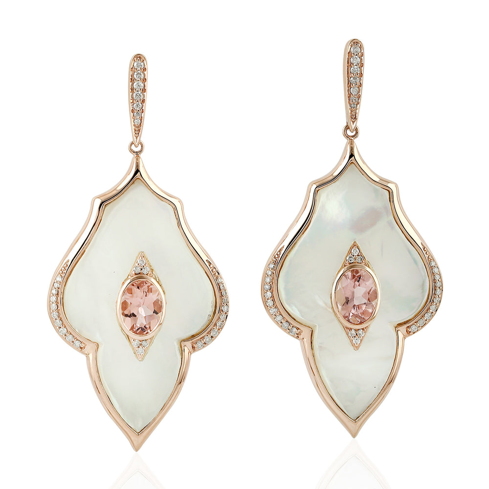Mother Of Pearl Oval Cut Pink Tourmaline Pave Diamond Dangler In 18K Rose Gold