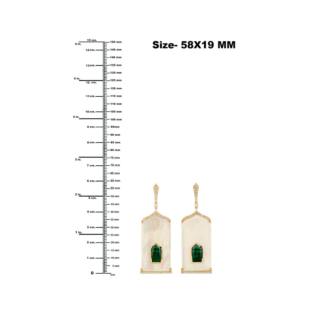 18k Yellow Gold MOP Bezel Malachite Gemstone Pave Diamond Dangle Earrings