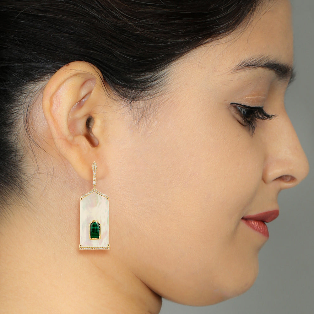 18k Yellow Gold MOP Bezel Malachite Gemstone Pave Diamond Dangle Earrings