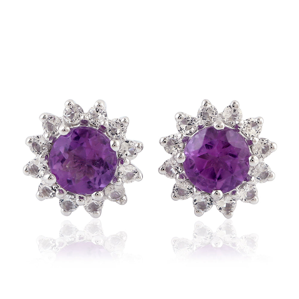 Natural Faceted Amethyst Topaz Sunburst Design Stud Ear Jewelry In Silver