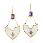 Octagon Amethyst Pave Diamond Designer 18k Yellow Gold Danglers For Women