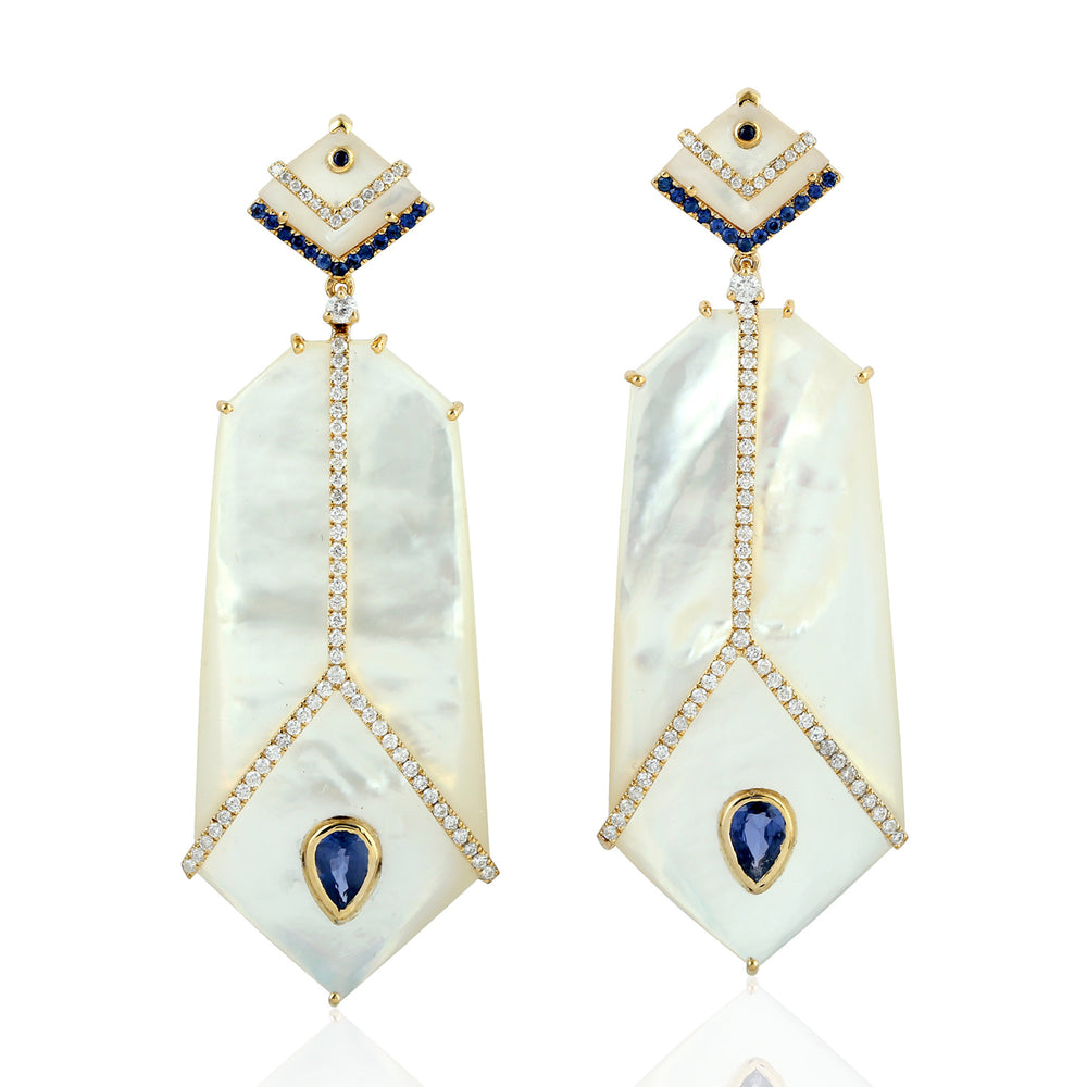 Micro Pave Sapphire Diamond MOP Beautiful Wedding Danglers Earrings In 18k Gold