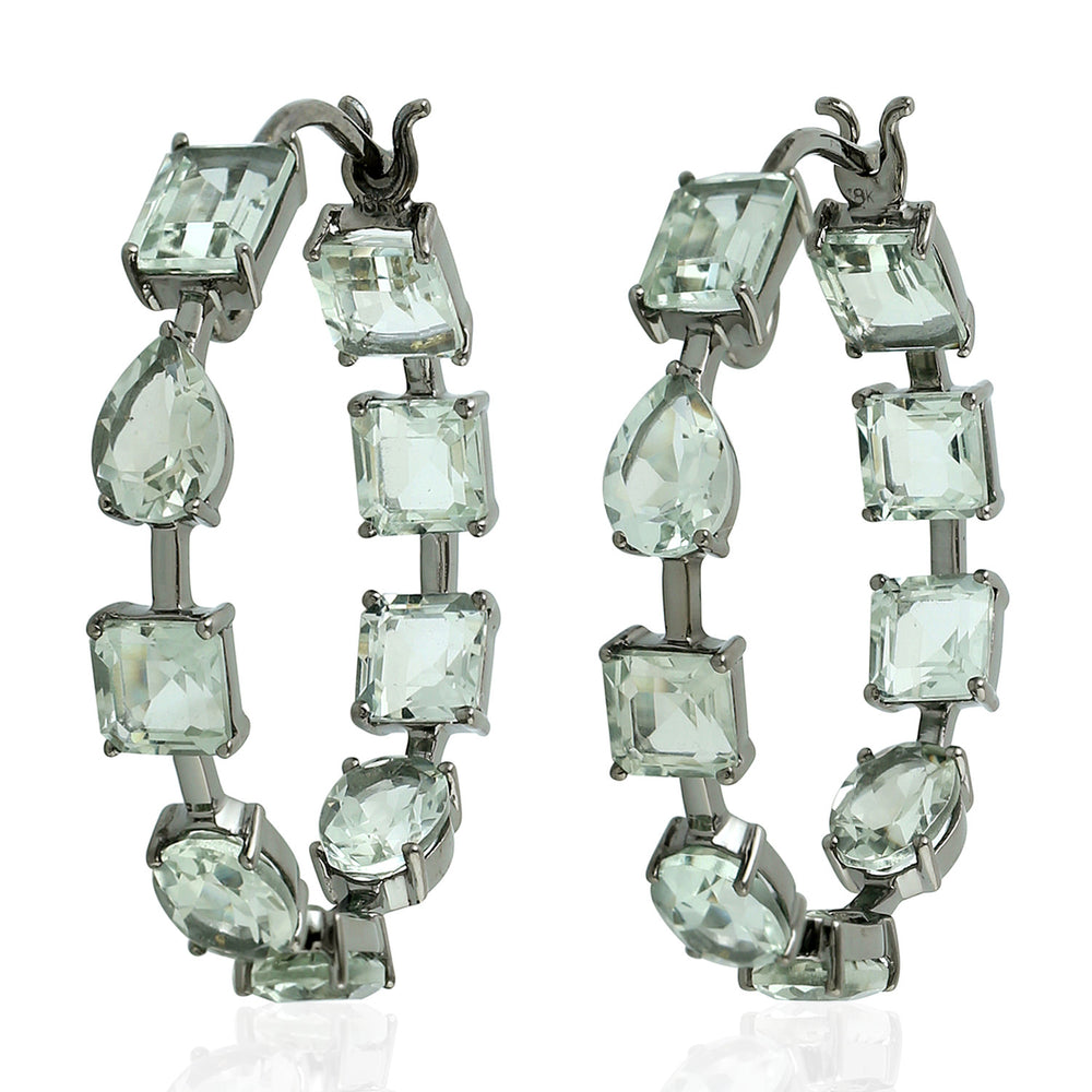 Green Amethyst Mixed-Cut Hoop Earrings in 18K White Gold