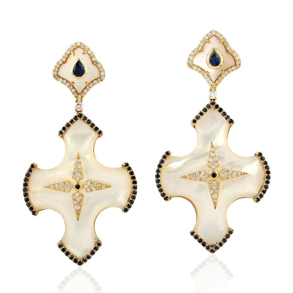 Pear Cut Sapphire Pave Diamond Cross Design MOP Danglers In 18k Gold