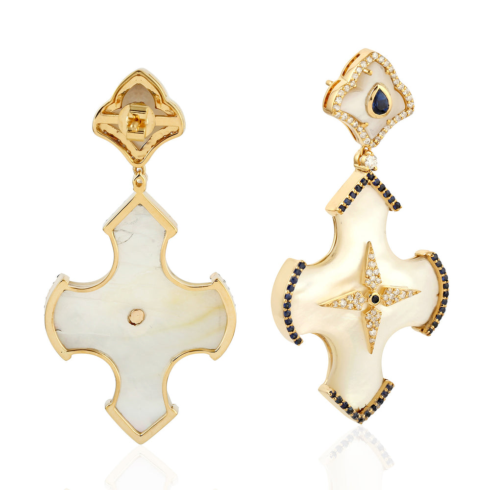 MOP Blue Sapphire Gemstone Pave Diamond Cross Danglers In Gold