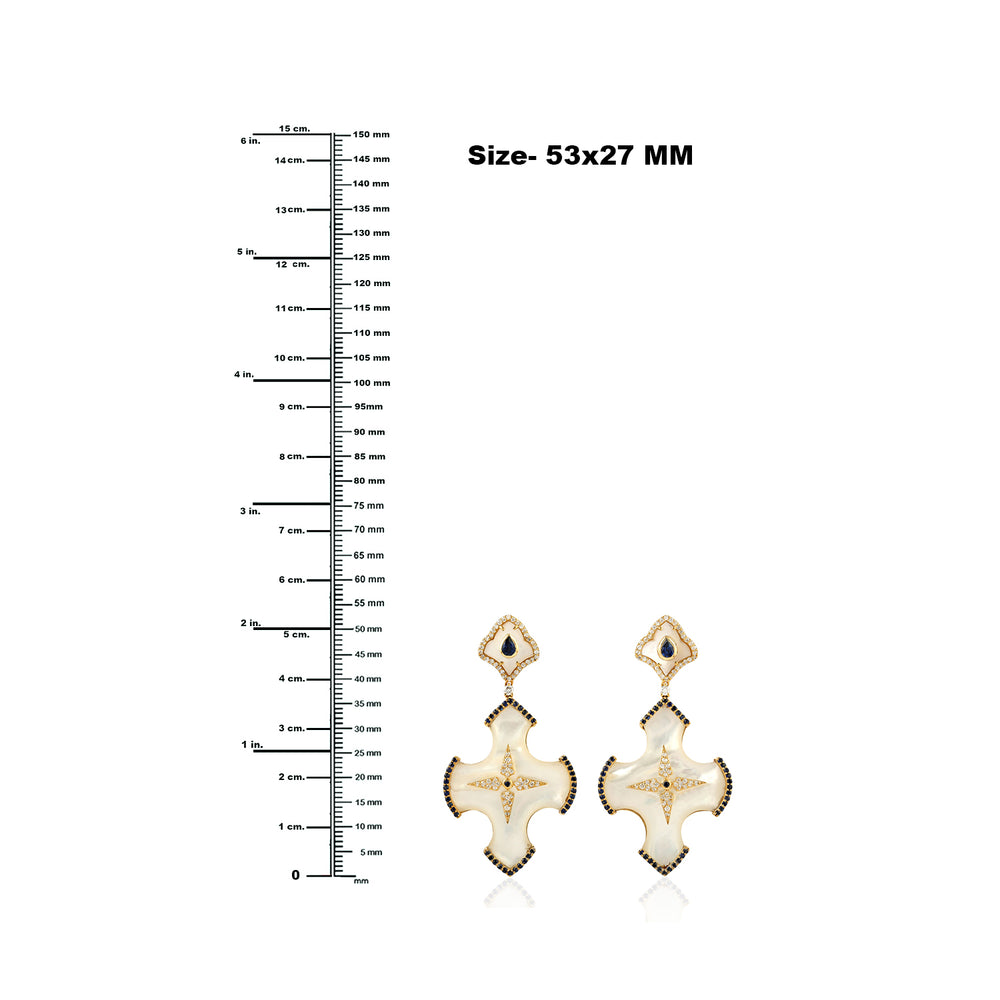 MOP Blue Sapphire Gemstone Pave Diamond Cross Danglers In Gold