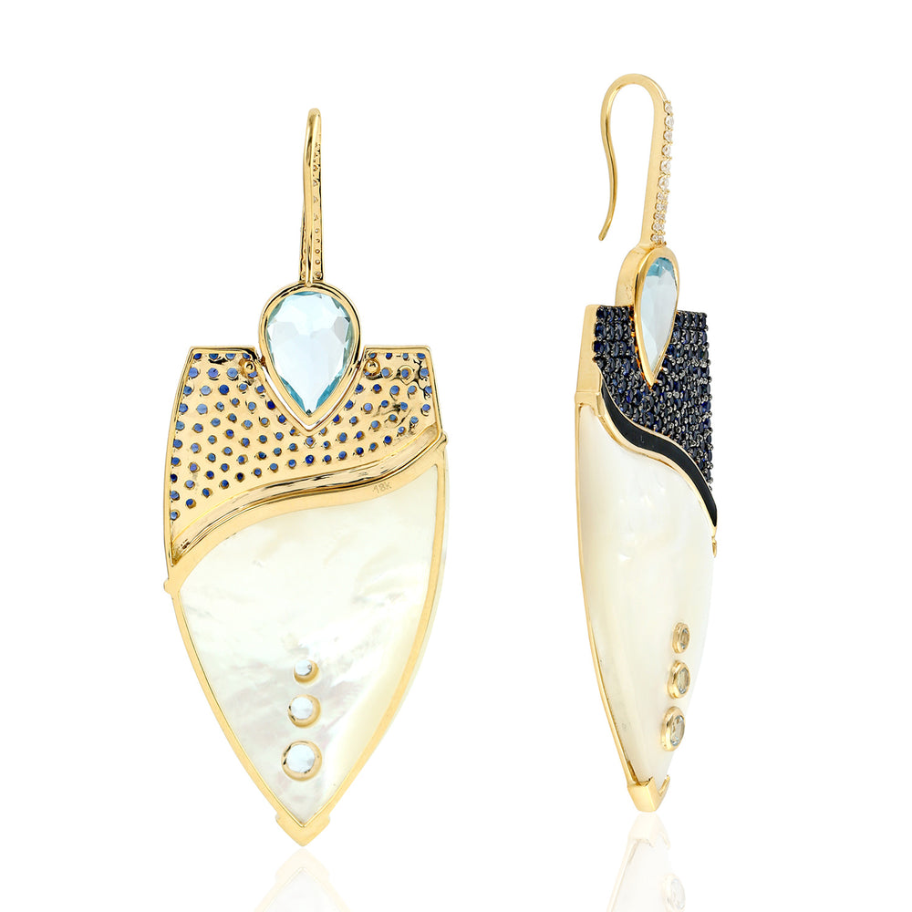 MOP Pear Cut Blue Topaz Pave Blue Sapphire Gemstone Diamond In Gold Danglers