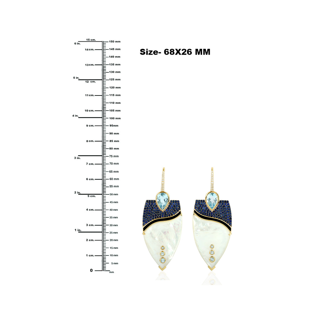 MOP Pear Cut Blue Topaz Pave Blue Sapphire Gemstone Diamond In Gold Danglers