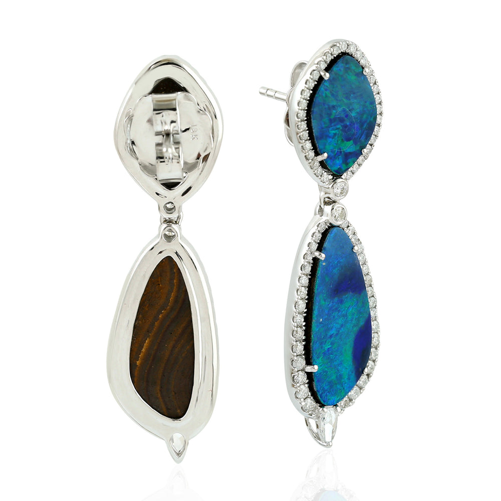 Natural Pave Diamond Opal Doublet Beautiful Danglers In 18k Solid Gold For Women