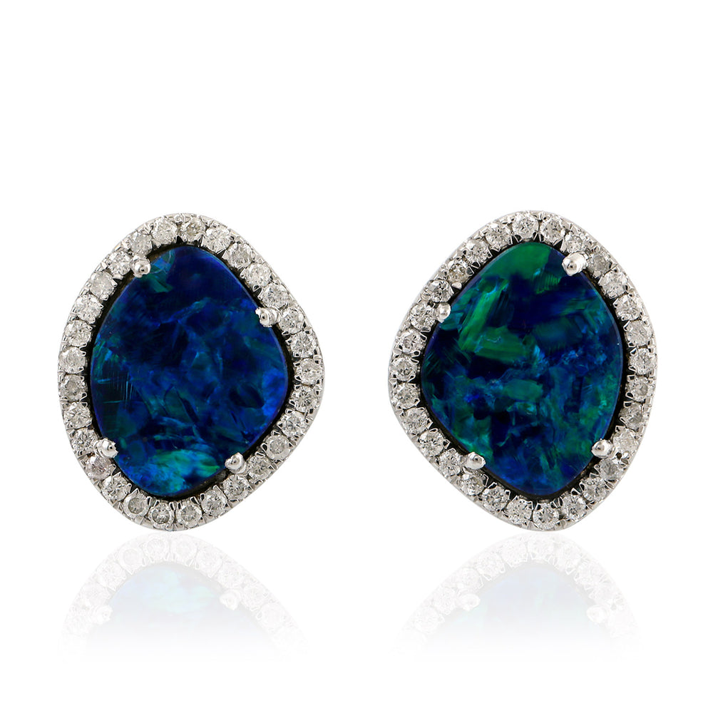 Pave Diamond Opal Doublet Natural Gemstone Stud Ear Jewelry In 18k Gold