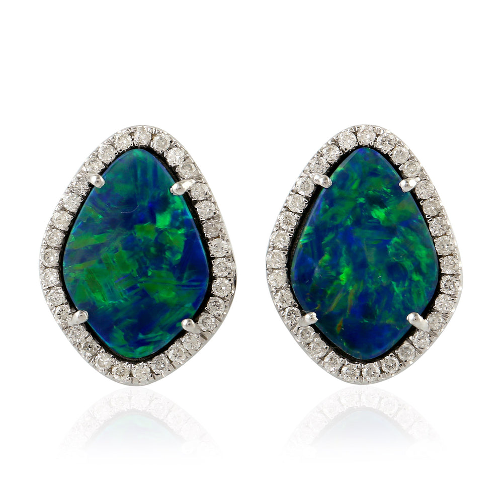 Marquise Shape Opal Doublet Pave Diamond White Gold Stud Earrings For Her