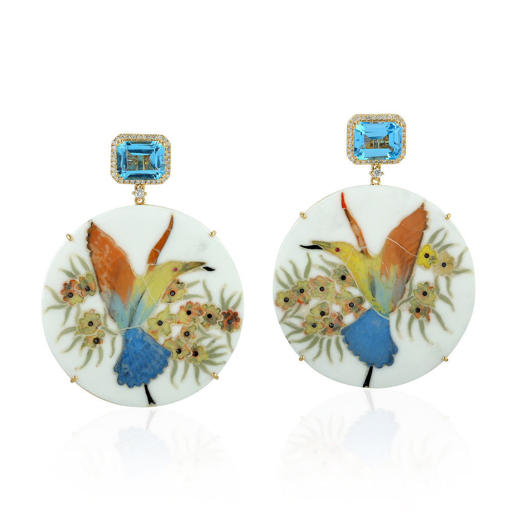 Octagon Cut Blue Topaz Pave Diamond Picture Bakelite Dangle Earrings In Gold