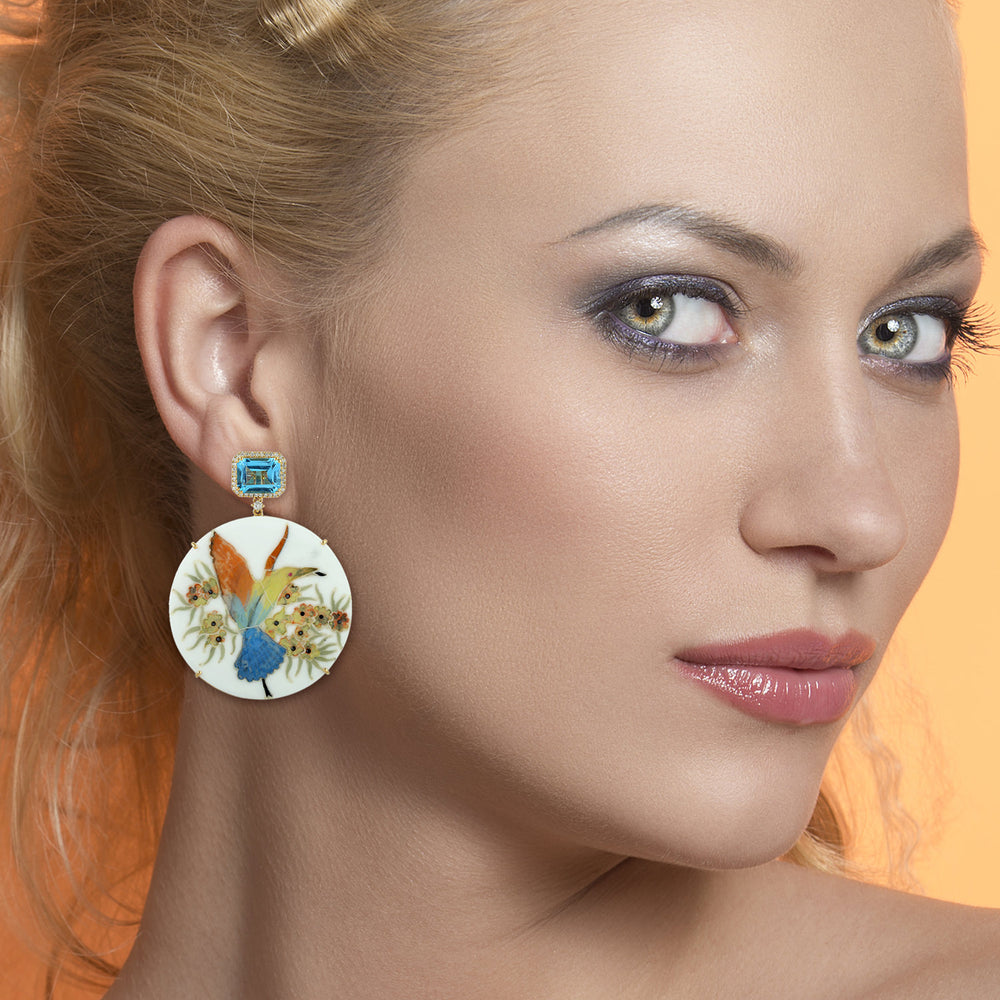 Octagon Cut Blue Topaz Pave Diamond Picture Bakelite Dangle Earrings In Gold