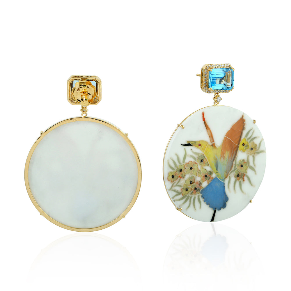 Octagon Cut Blue Topaz Pave Diamond Picture Bakelite Dangle Earrings In Gold