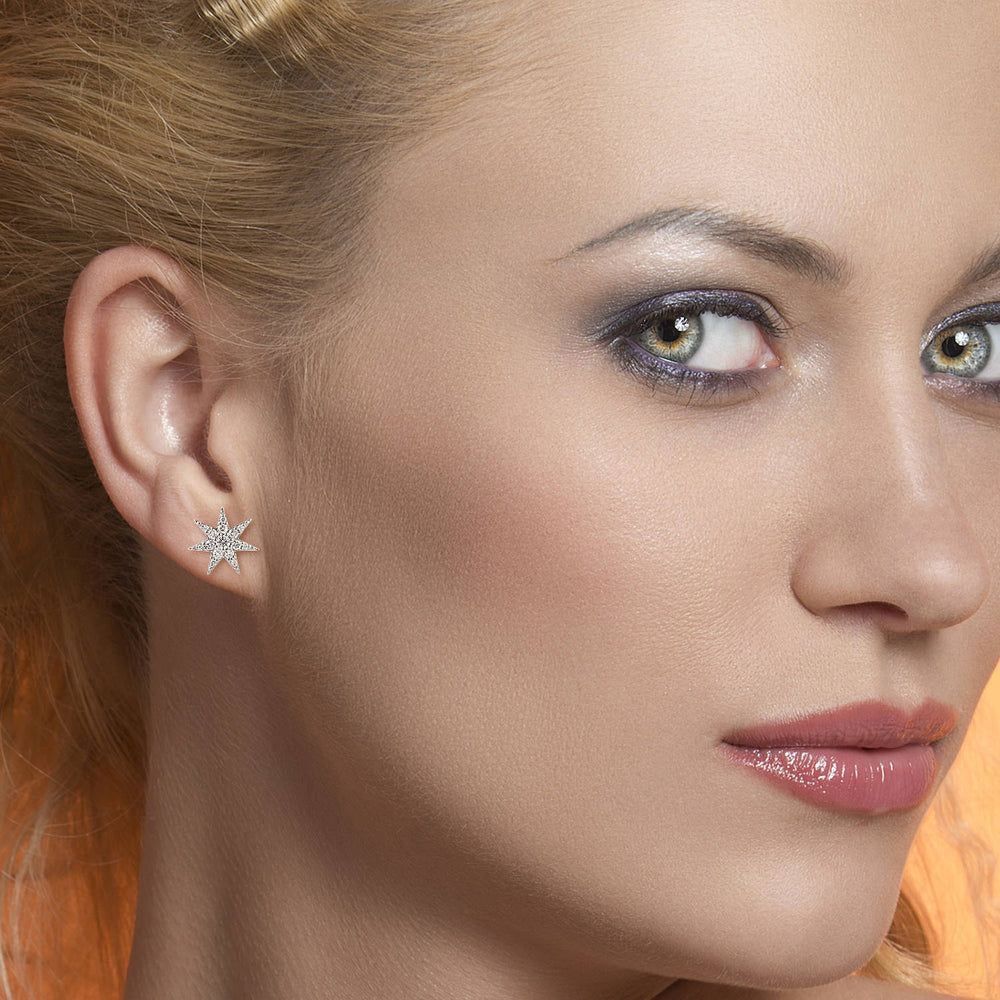 Solid 18K White Gold Prong Natural Diamond Star Stud Earrings For Her