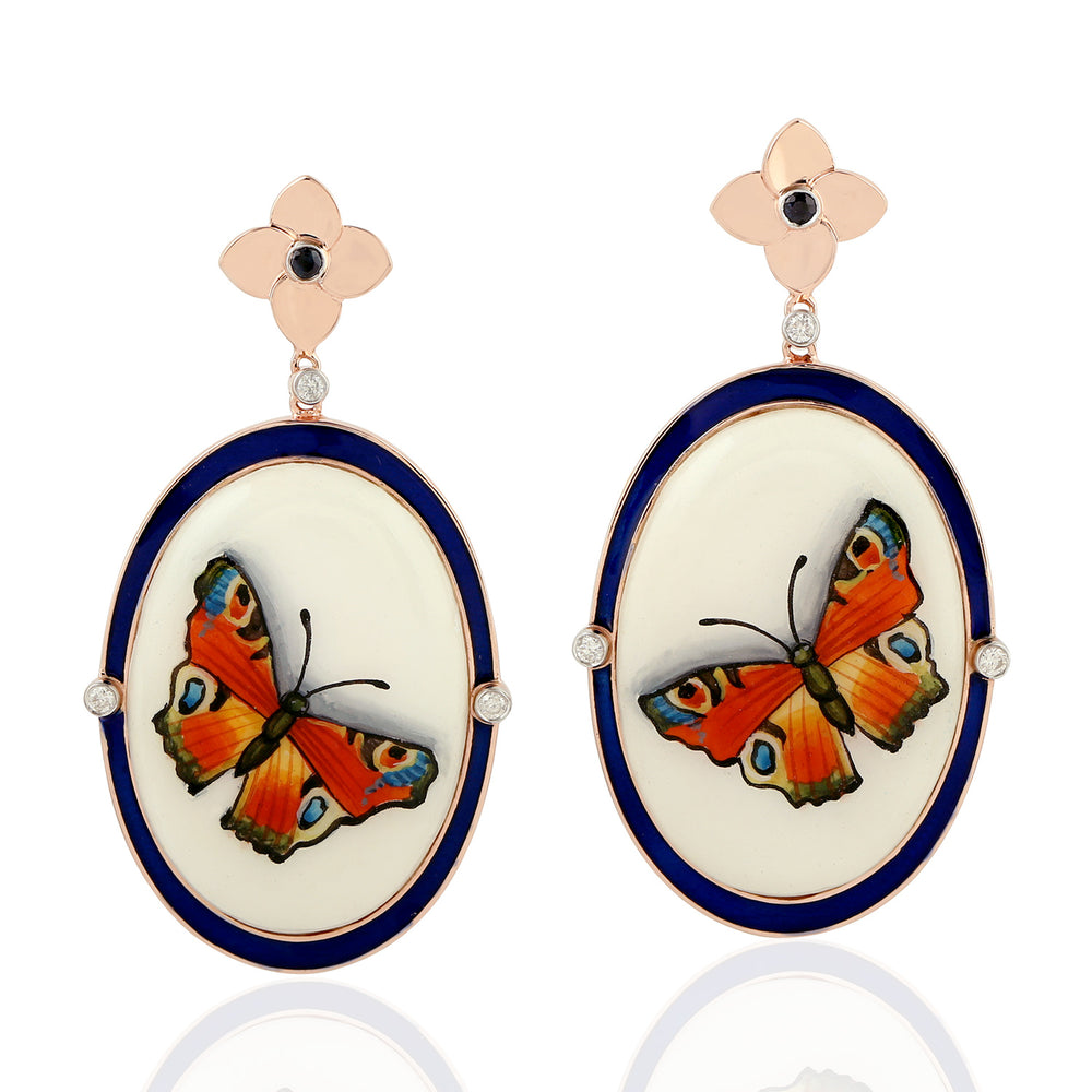 Blue Sapphire Butterfly Bakelite Drop Earrings Bezel Diamond in 18K Rose Gold