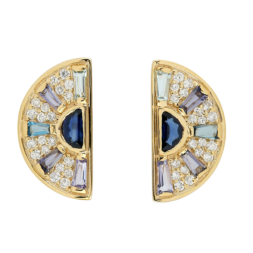 Baguette Multi Gemstone Pave Diamond D Shape Stud Earrings In Yellow Gold
