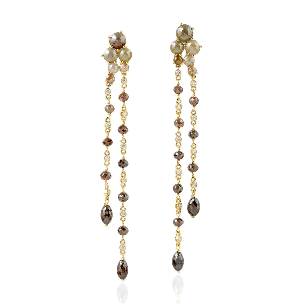 Mixed Brown Diamond Cluster Long Dangle Earrings in 18K Yellow Gold
