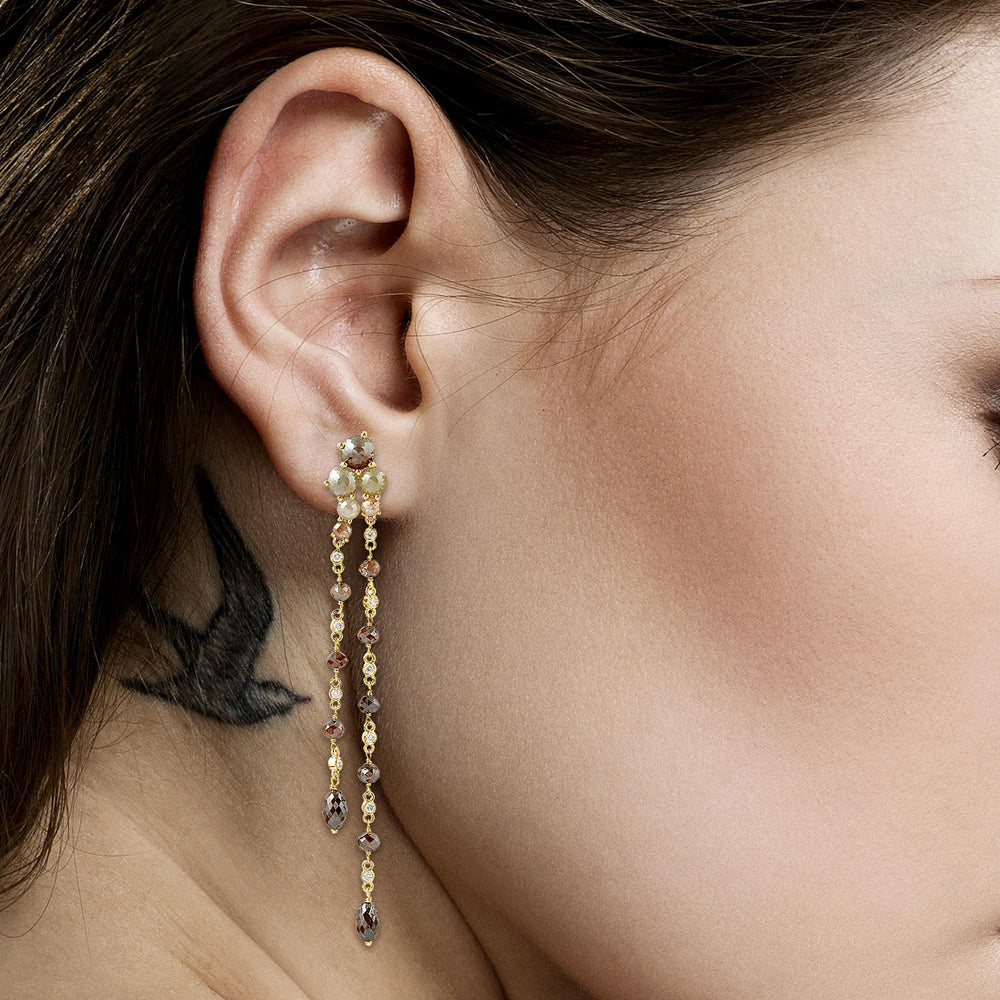 Mixed Brown Diamond Cluster Long Dangle Earrings in 18K Yellow Gold